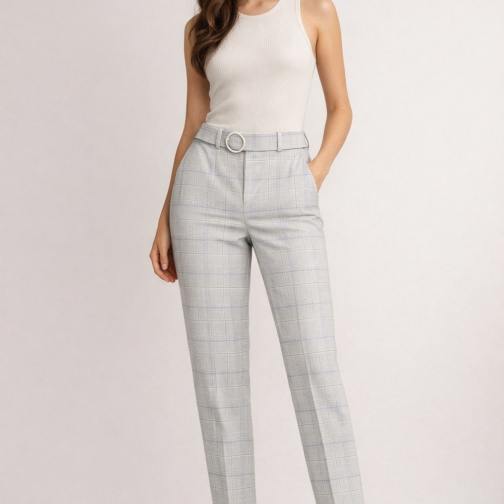 Club Monaco Pale Gray Windowpane Trousers with Blue Grid